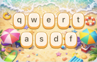 Font Pop keyboard theme preview with a bright beach and umbrella background