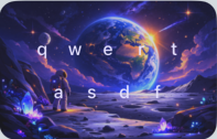 Font Pop keyboard theme preview with a colorful planet and space landscape